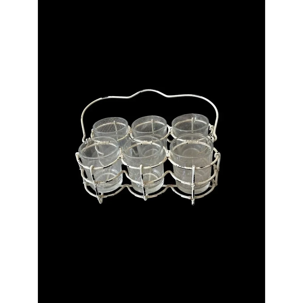 Hallmark Tea Light Holder Candle Votive White Wire 6 Glass Caddy Vintage